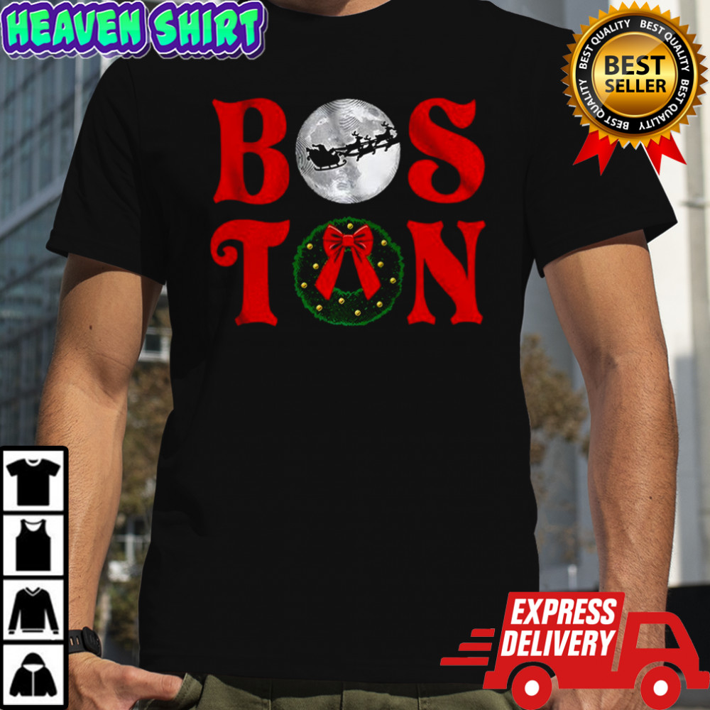 Boston stacked Christmas wreath Santa Claus sleigh flying over the moon shirt