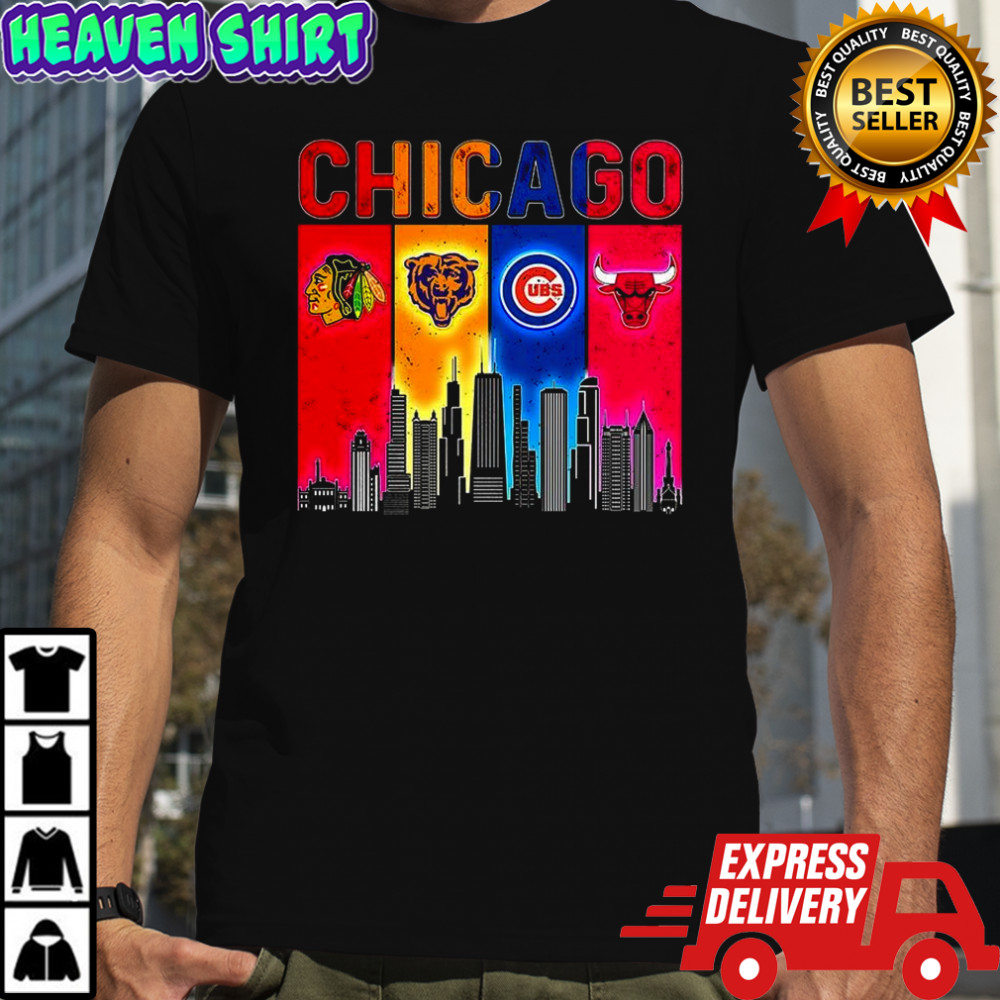 Chicago sports teams Blackhawks Bears Cubs Bulls skyline shirt