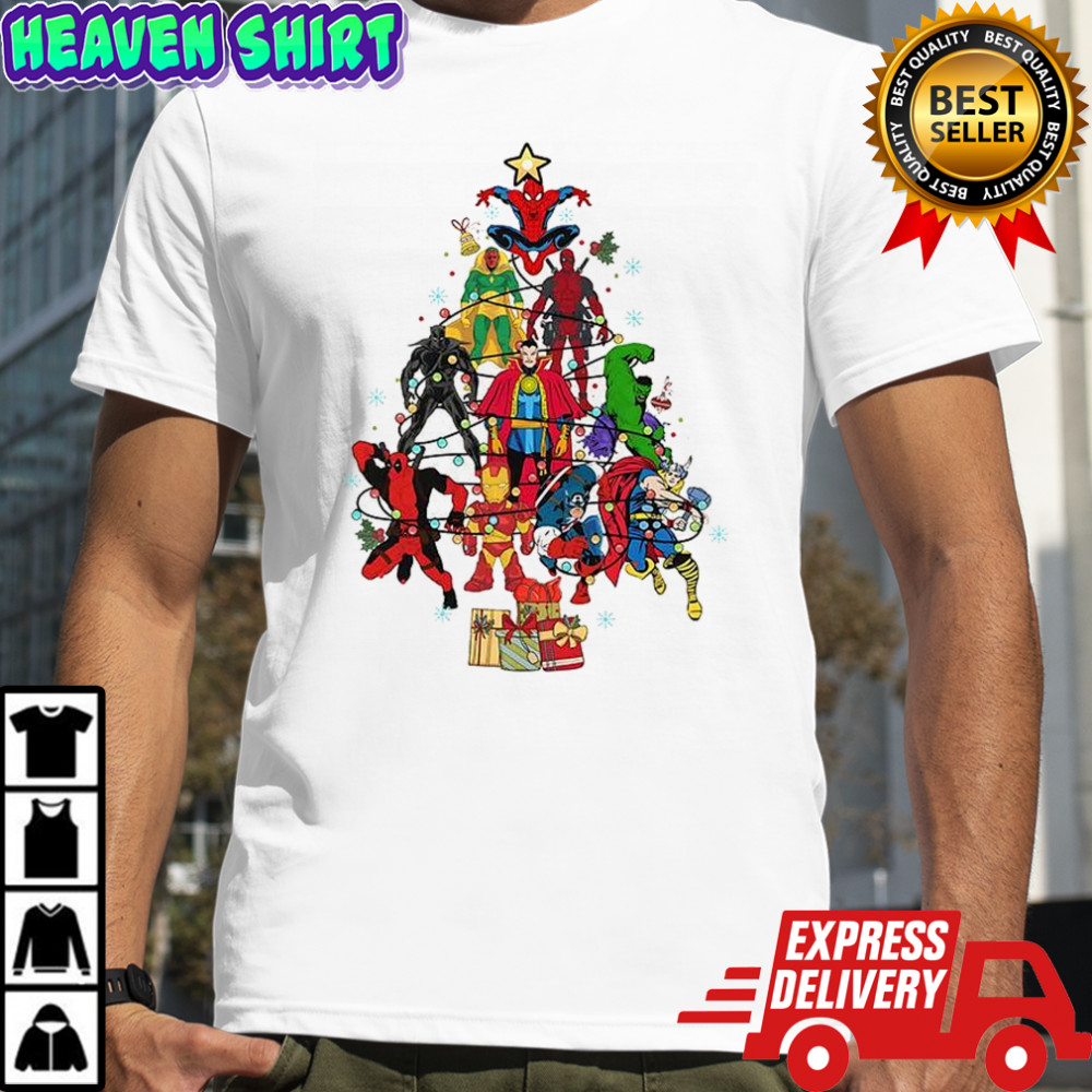 Christmas tree made up of Marvel Comics superheroes shirt