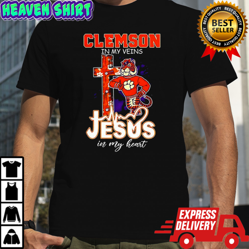 Clemson Tigers football in my veins and Jesus in my heart Christian mascot shirt