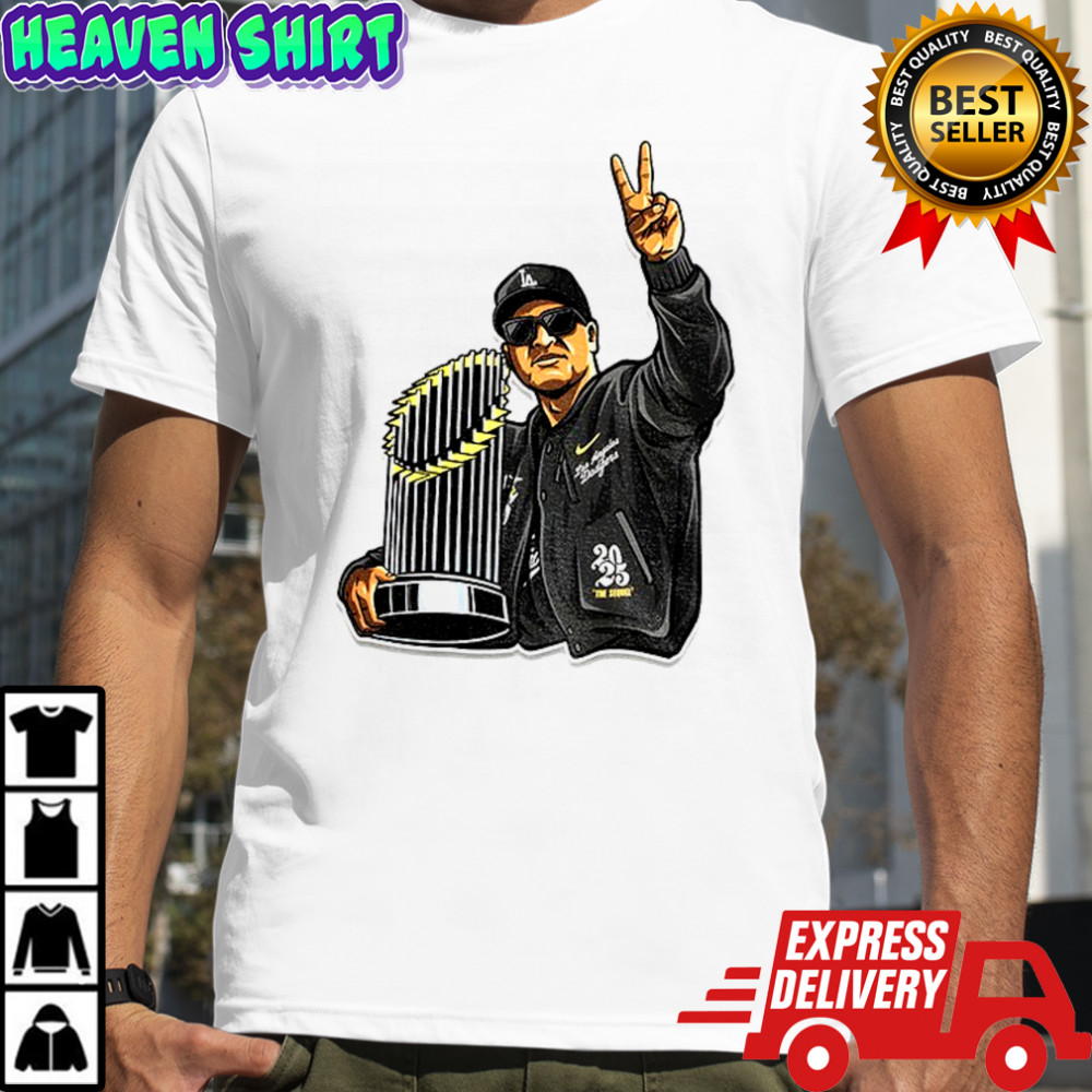 Dave Roberts holding world series trophy Fingers Up shirt