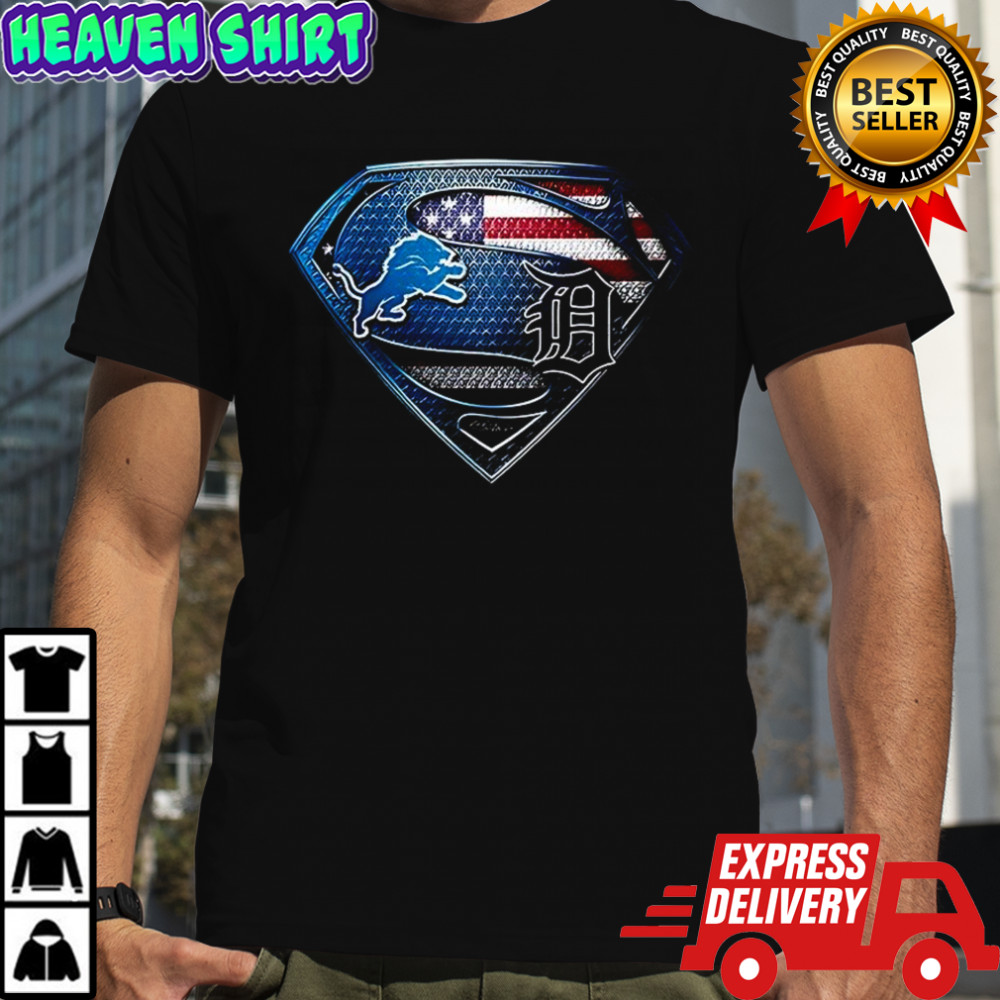 Detroit Lions and Detroit Tigers superman American flag logo shirt