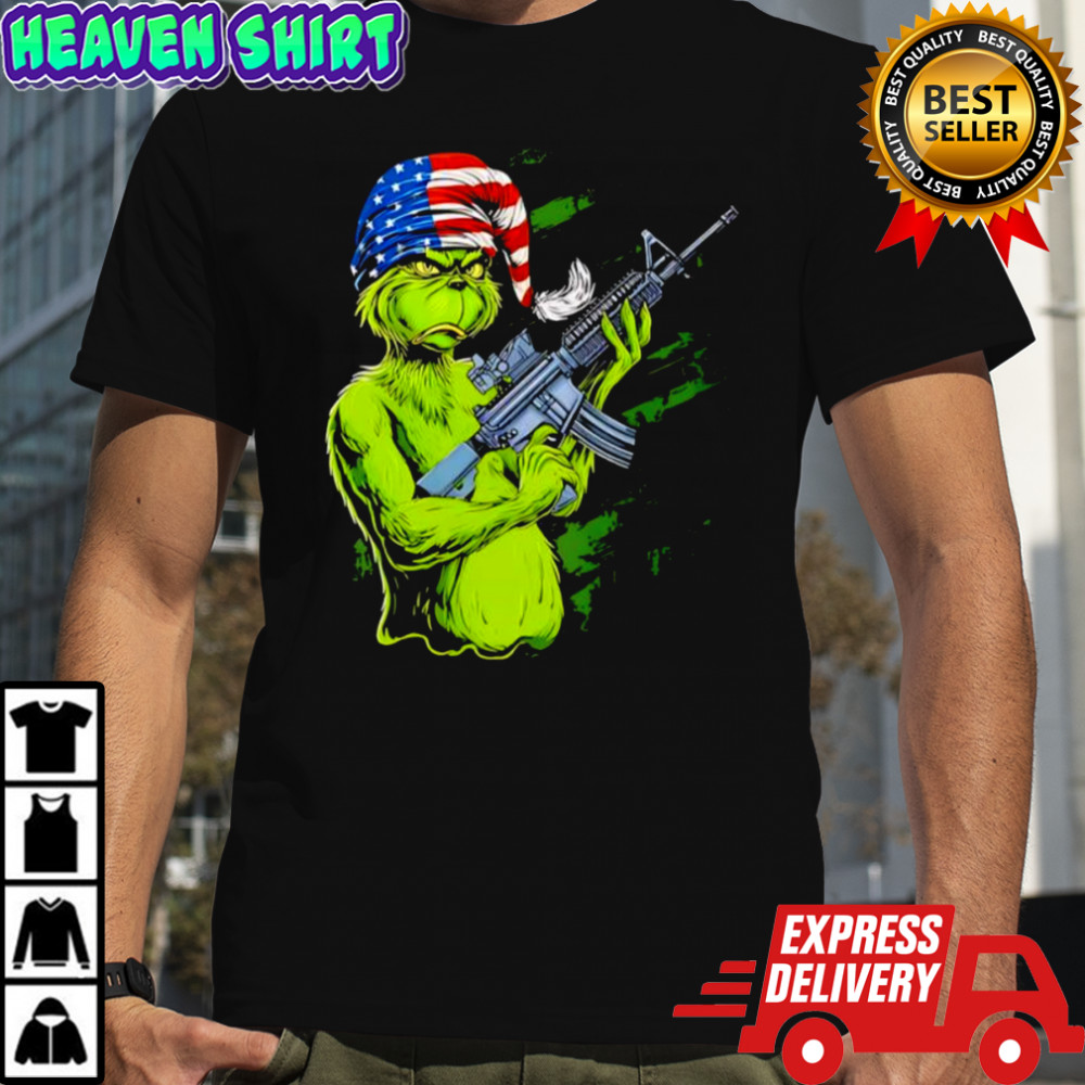 Grinch assault rifle cynical expression shirt