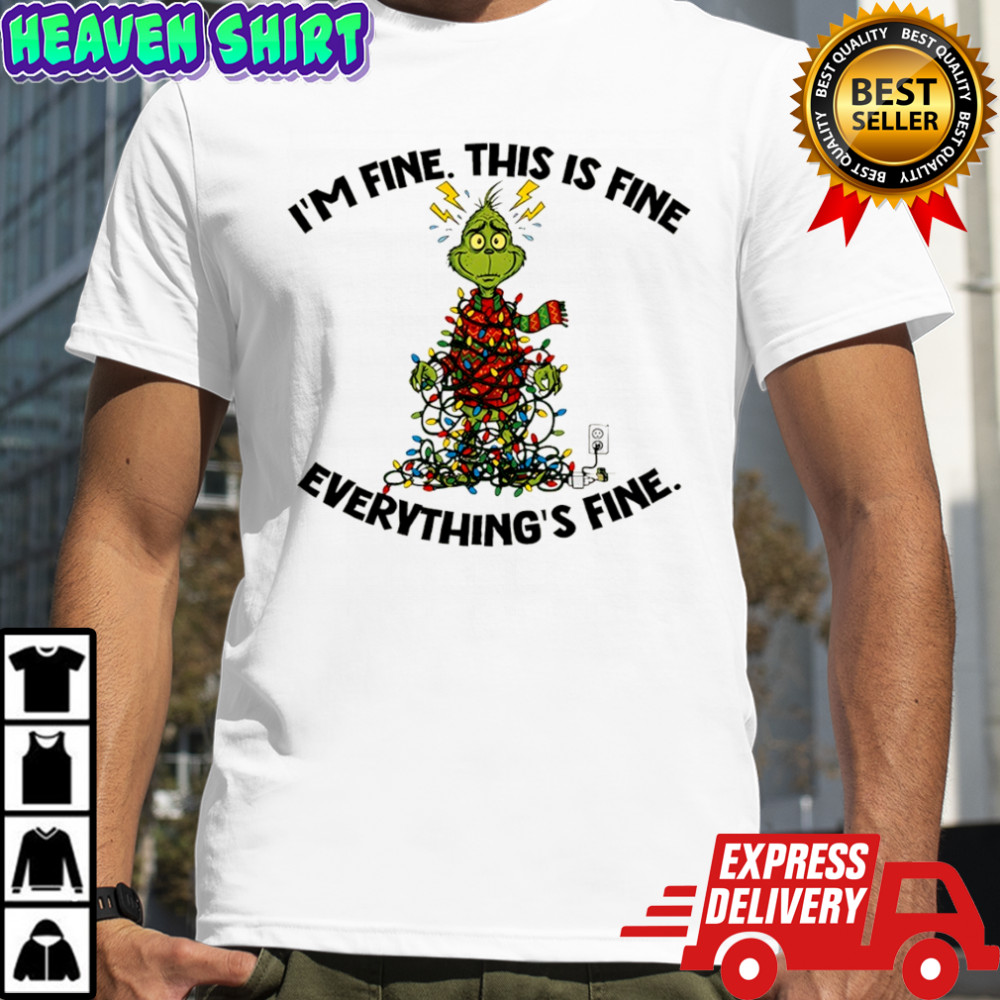 Grinch Christmas tree I’m fine this is fine everything’s fine Santa shirt