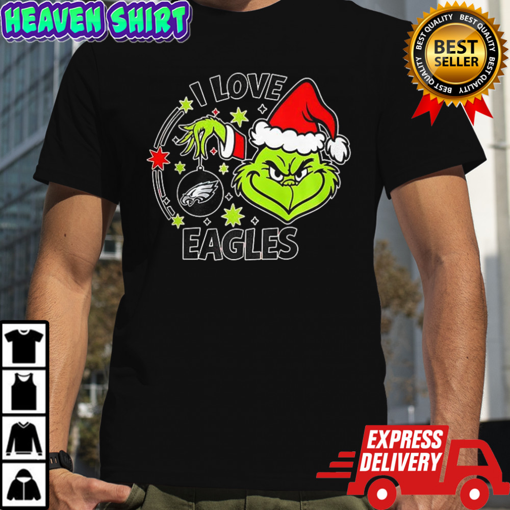 Grinch in Santa hat I love Philadelphia Eagles Christmas shirt