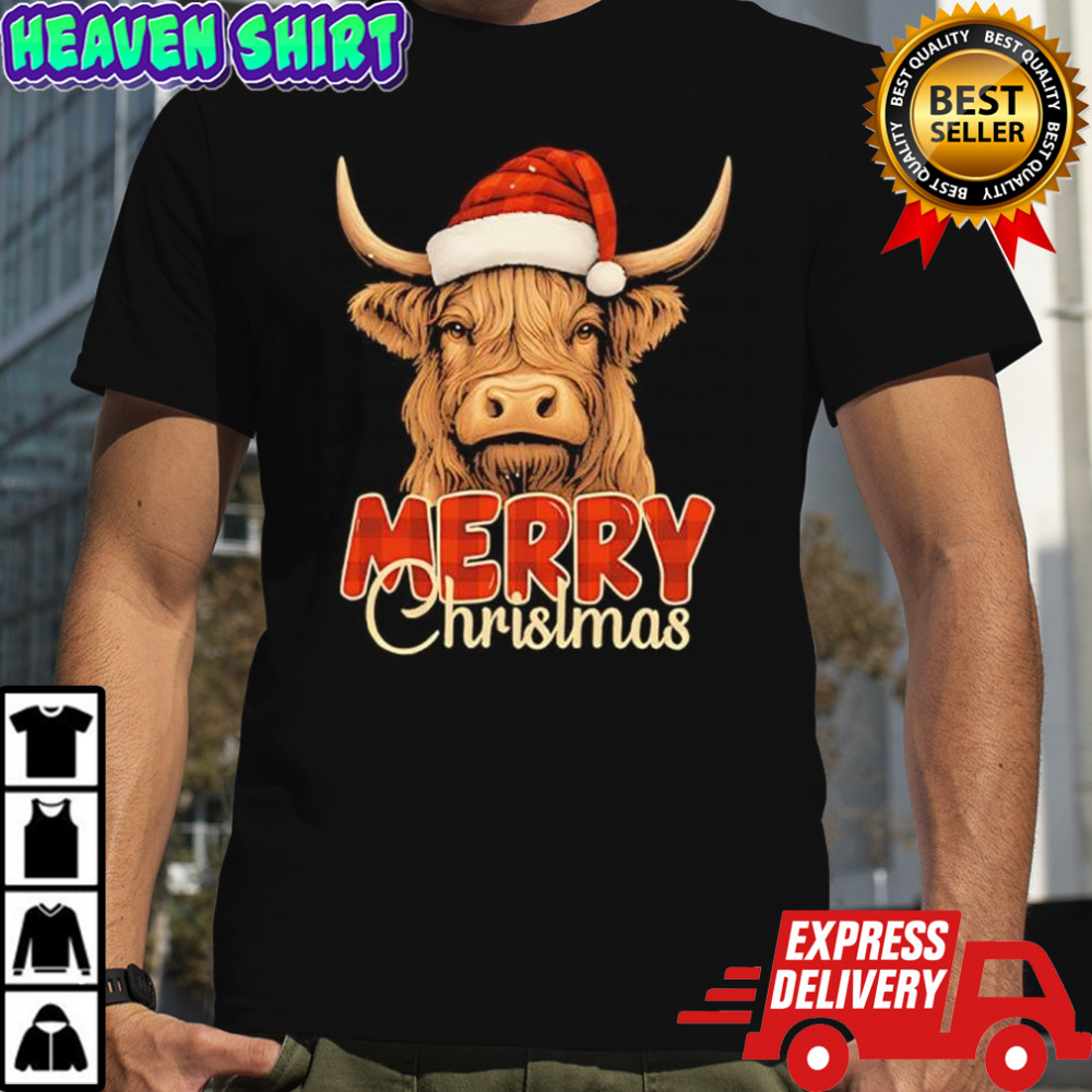 Highland Cow Santa hat Merry Christmas shirt