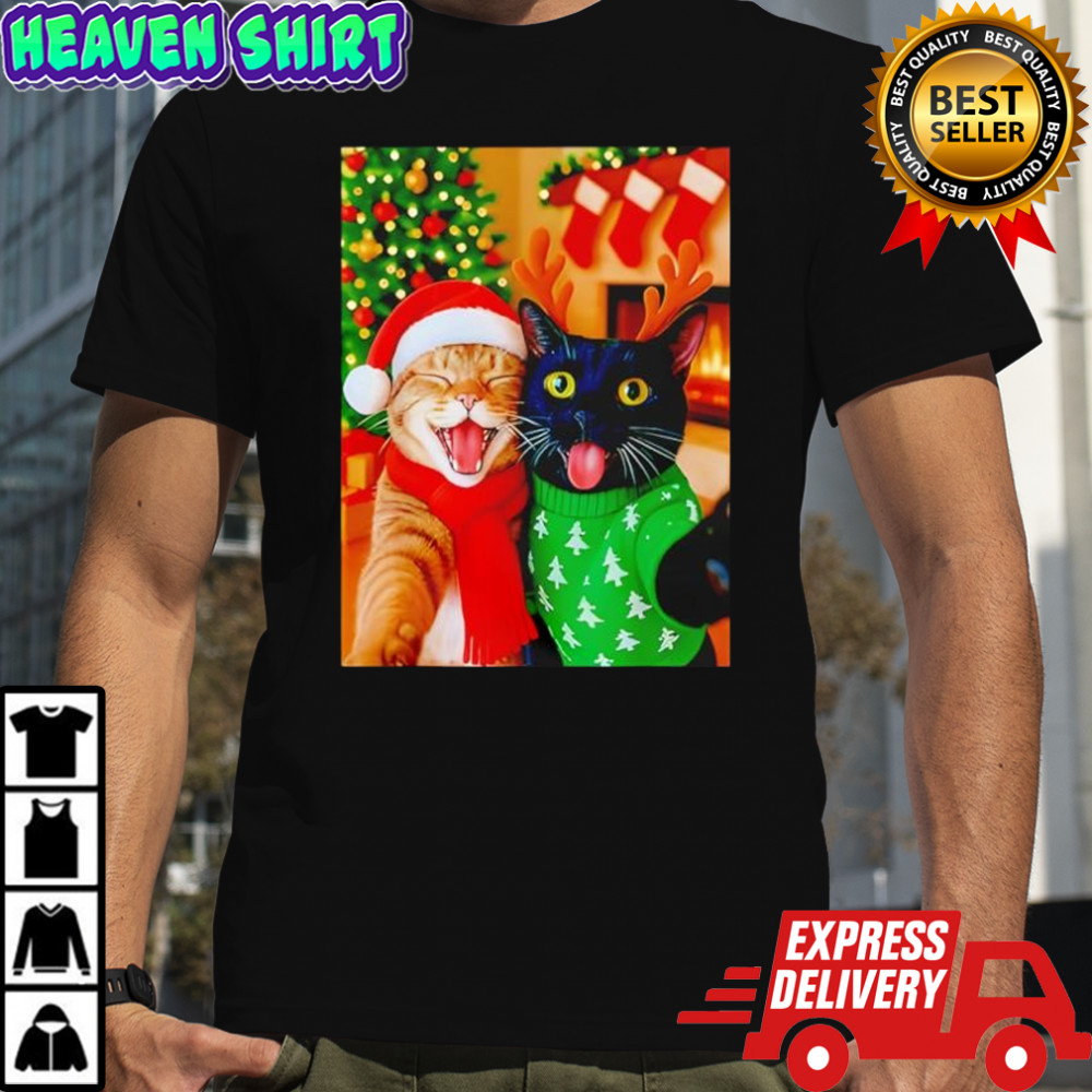Meme Cat Taking A Selfie Christmas Xmas Lights Holiday shirt