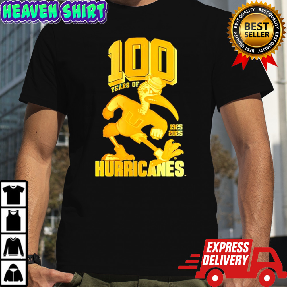 Miami Hurricanes 100 years Sebastian the Ibis mascot 1925 2025 shirt