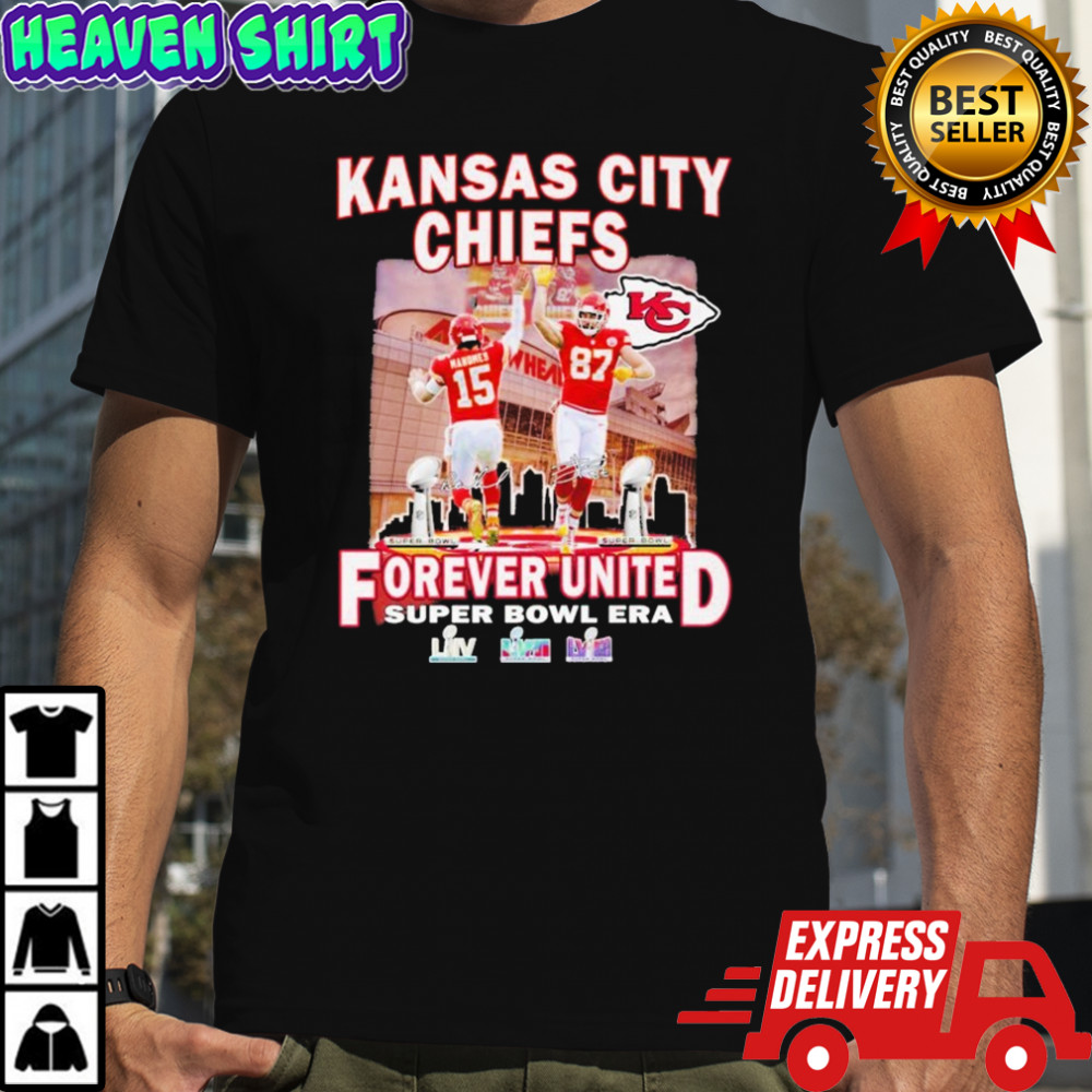 Patrick Mahomes And Travis Kelce Kansas City Chiefs Forever United Super Bowl Era Signatures T-shirt