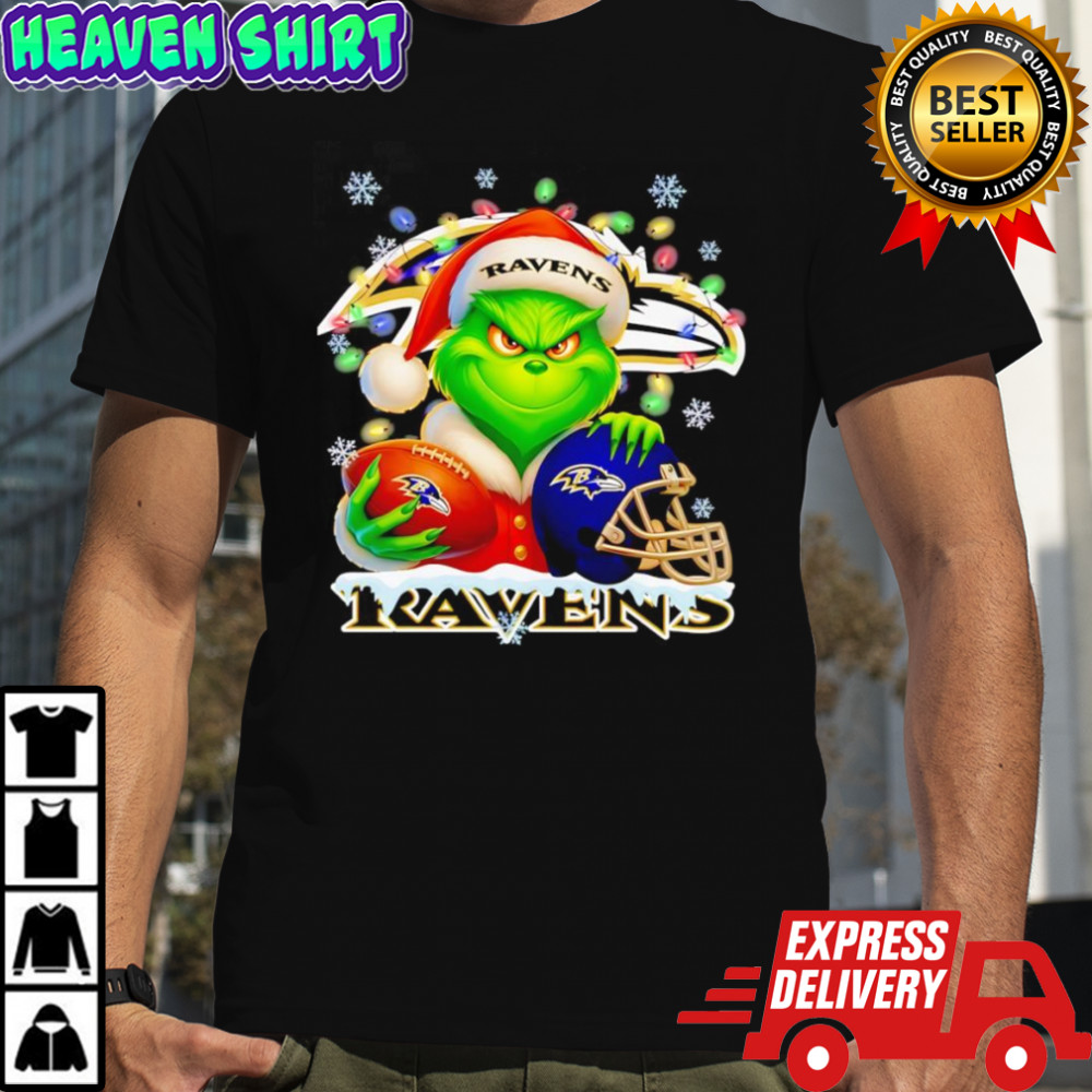 Santa Christmas Grinch Baltimore Ravens holding helmet football shirt