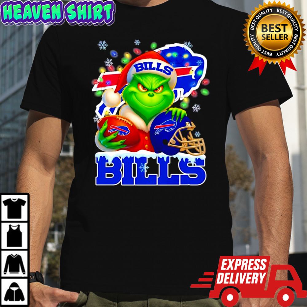 Santa Christmas Grinch Buffalo Bills holding helmet football shirt