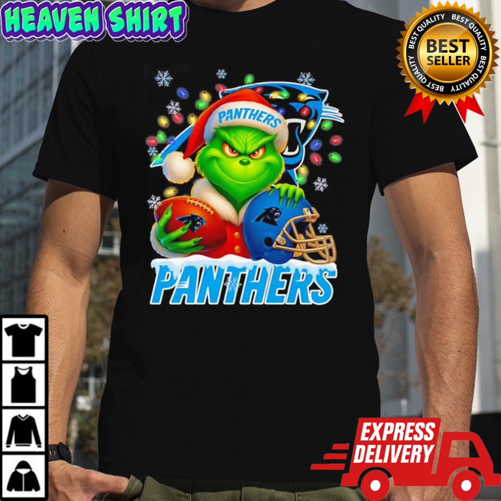 Santa Christmas Grinch Carolina Panthers holding helmet football shirt