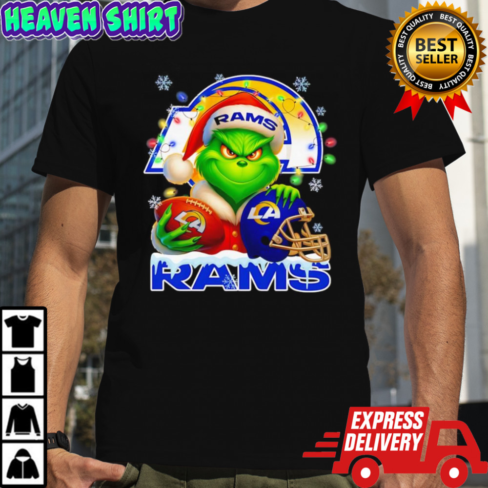 Santa Christmas Grinch Los Angeles Rams holding helmet football shirt