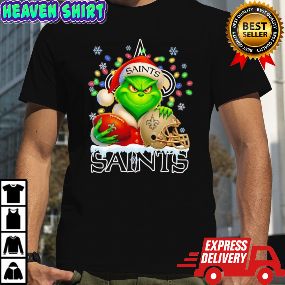 Santa Christmas Grinch New Orleans Saints holding helmet football shirt