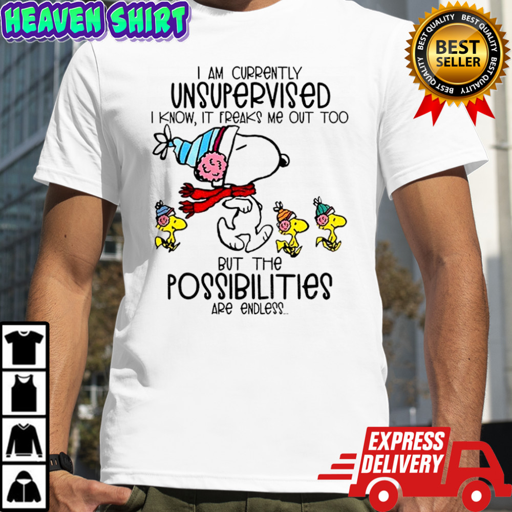 Snoopy and Woodstock I am currently unsupervised I know it freaks me out too but the possibilities are endless shirt