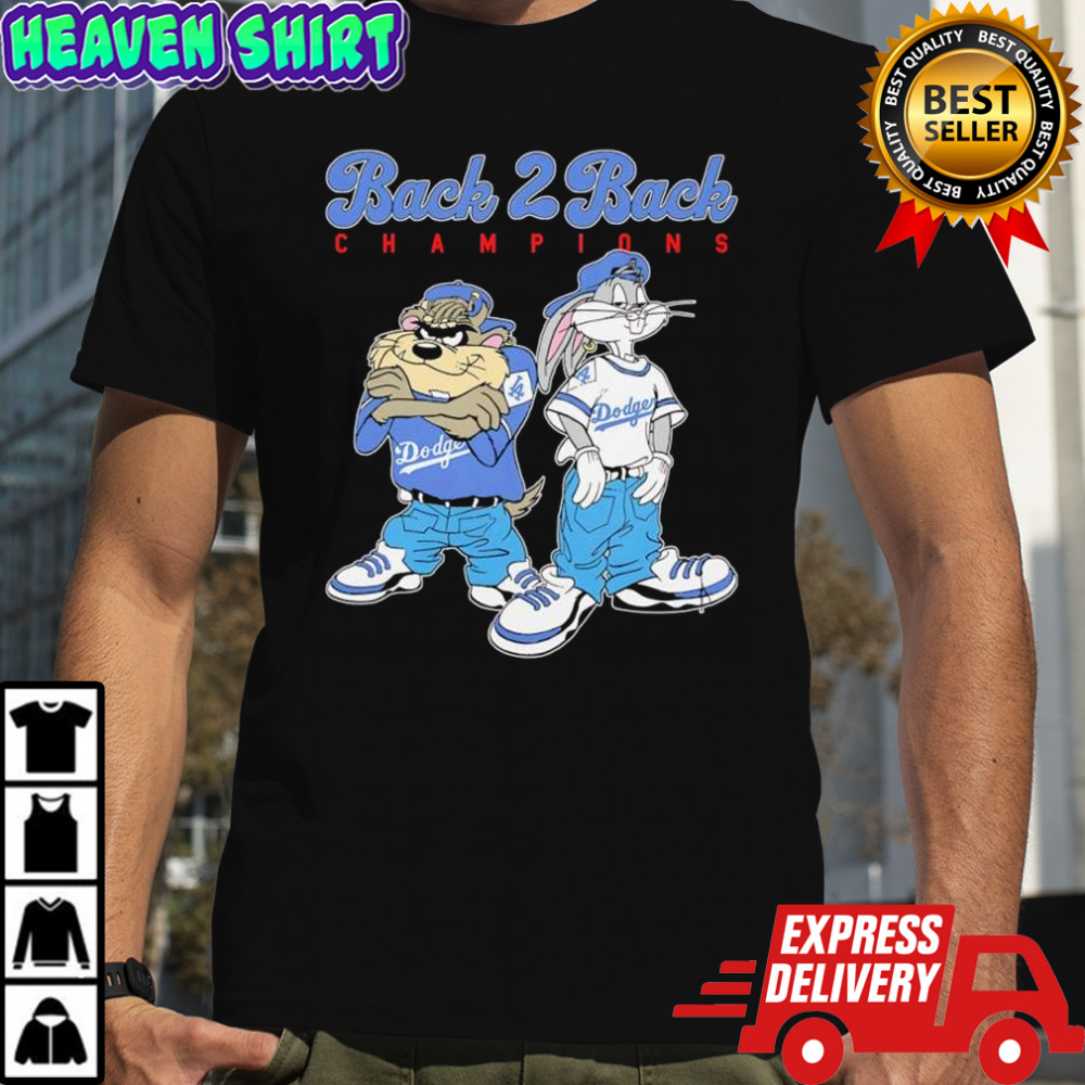 Tasmanian Devil Taz and Bugs Bunny wearing Dodgers Back 2 Back champions pose shirt