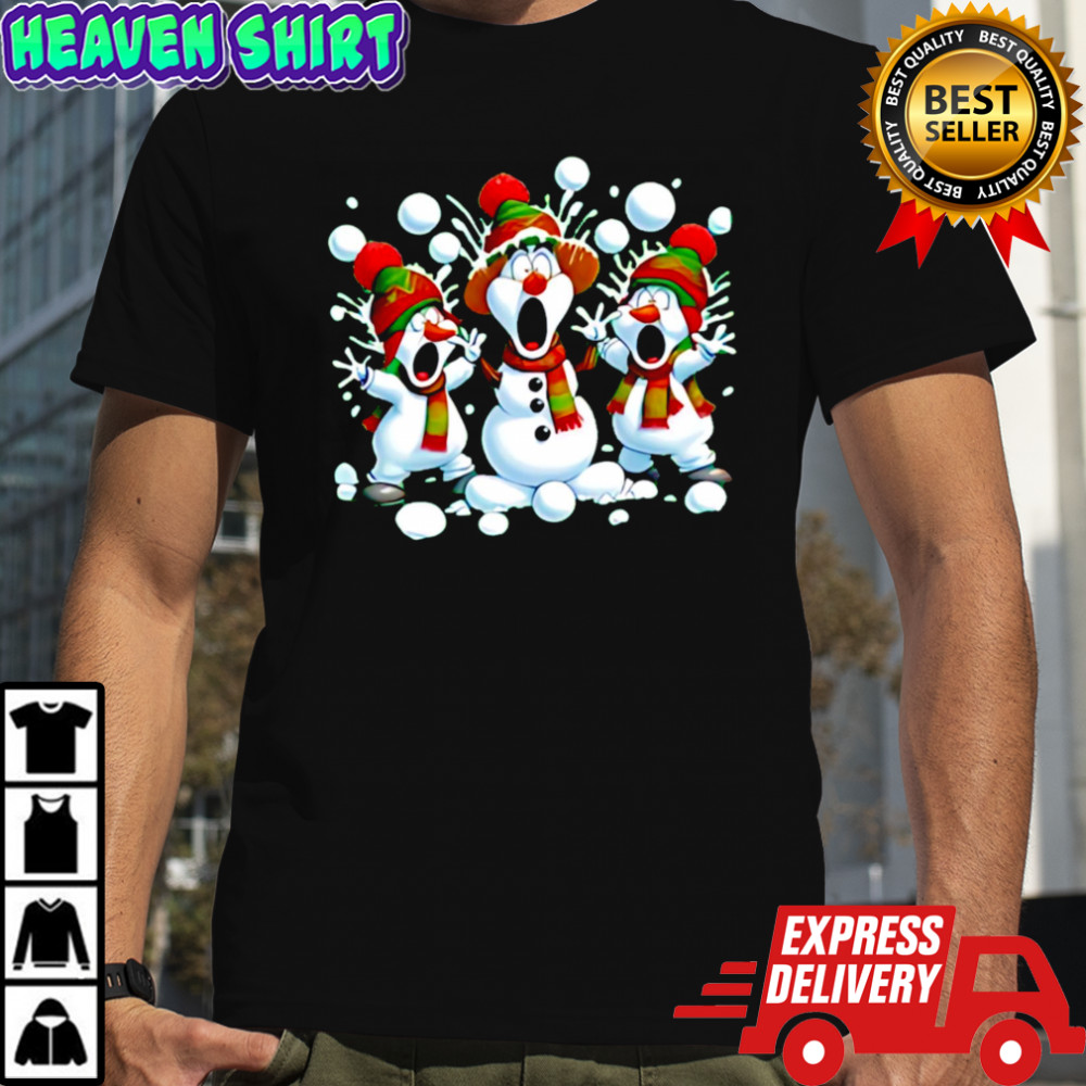 Three cartoon snowmen wearing Christmas hats and scarves shirt
