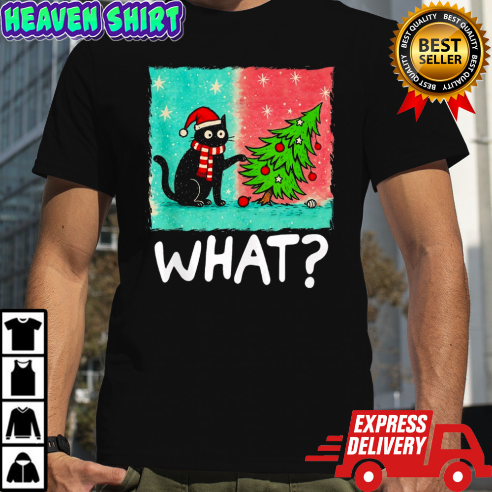 Black Cat What Gift Pushing Christmas Tree shirt