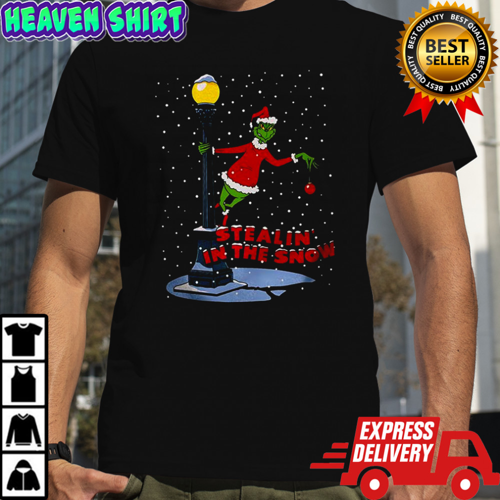 Grinch stealing in the snow cartoon Christmas shirt
