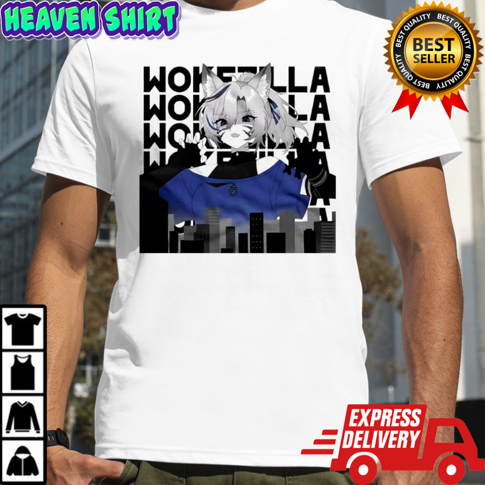 Nyara’s VTuber towering over a city skyline wokezilla shirt