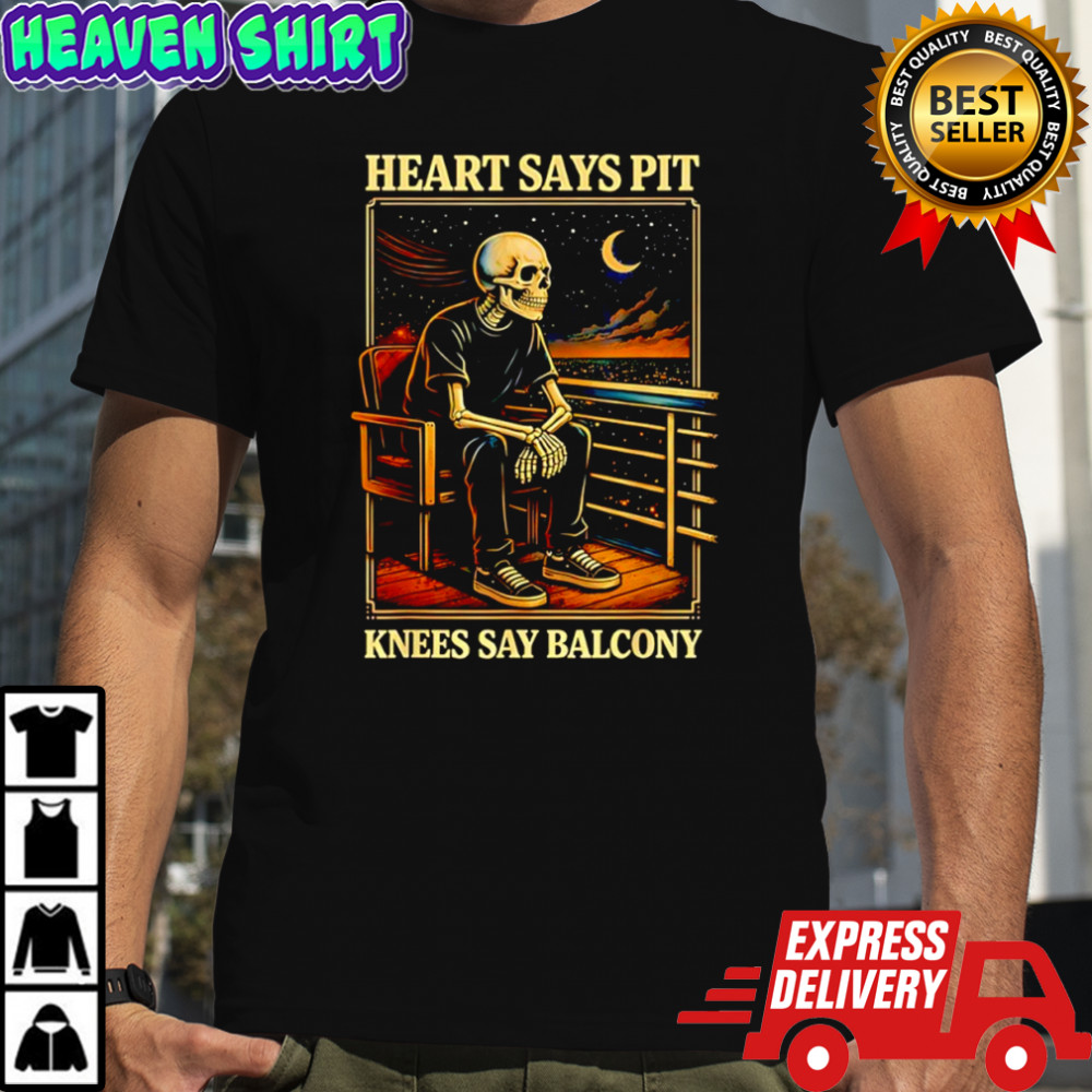 Skeleton man sitting on chair heart says pit knees say balcony starry night shirt
