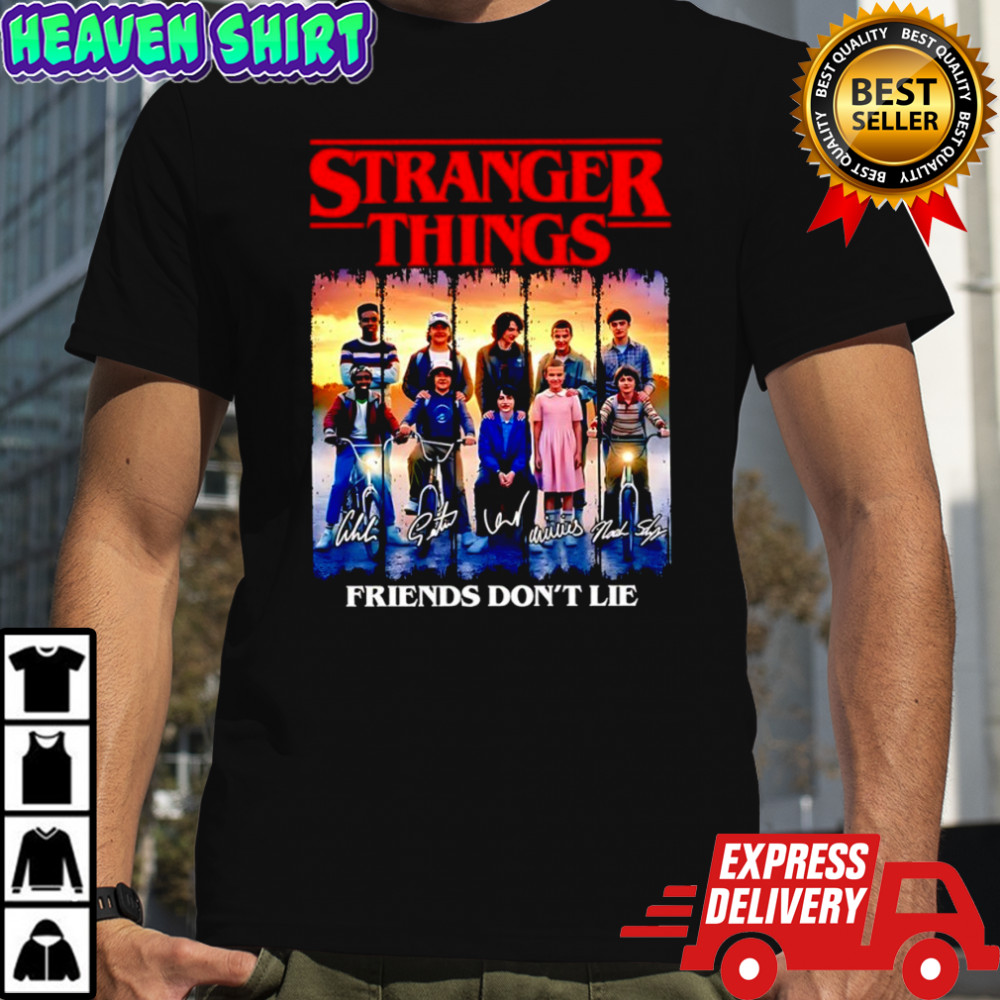 Stranger Things Friends Don’t Lie cast members signatures shirt