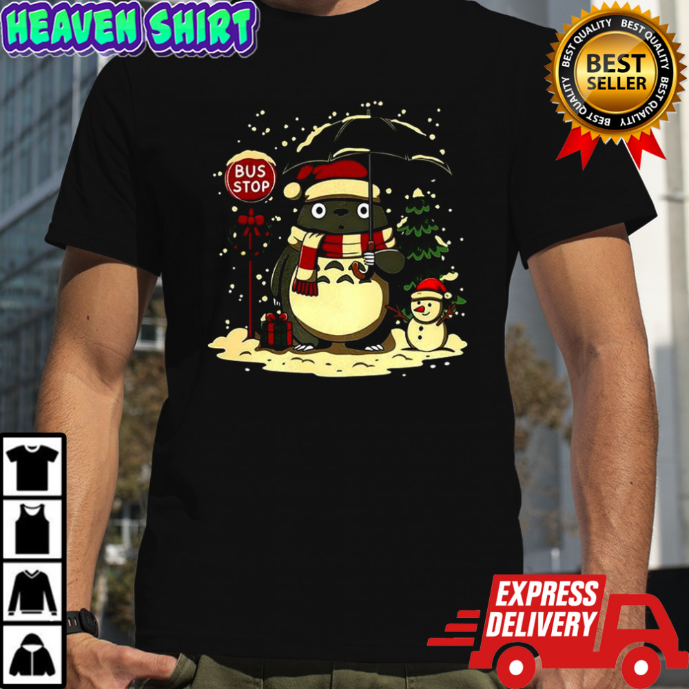 Totoro and snowman winter bus stop cartoon shirt